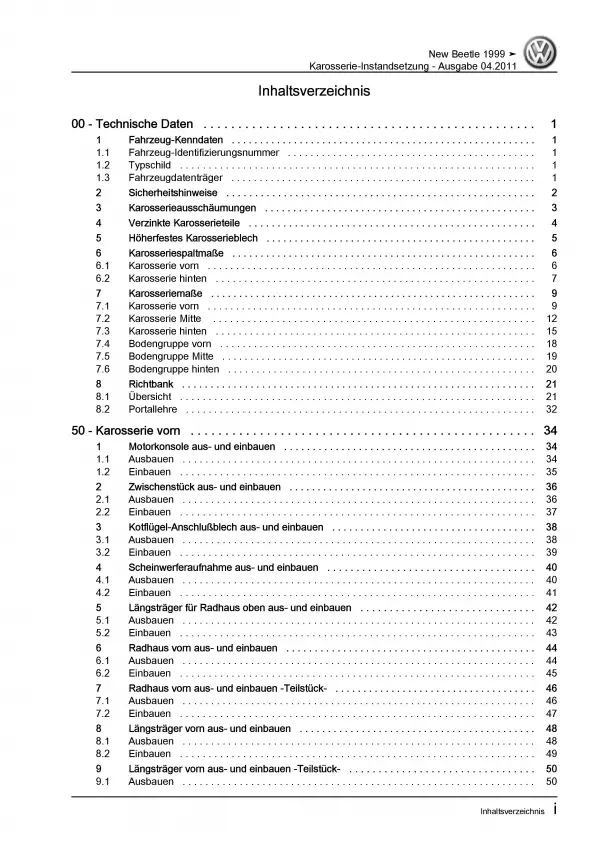 VW New Beetle 9C (97-10) Karosserie Unfall Instandsetzung Reparaturanleitung PDF