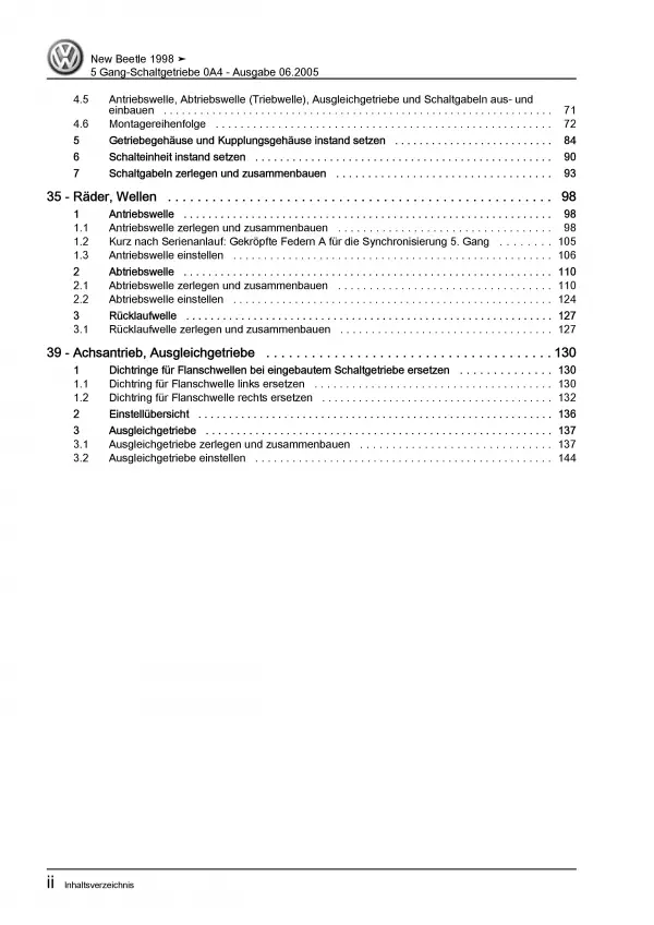 VW New Beetle 9C (97-10) 5 Gang Schaltgetriebe 0A4 Kupplung Reparaturanleitung