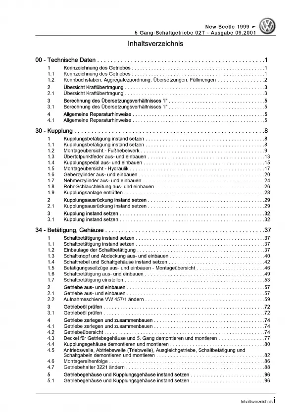 VW New Beetle (97-10) 5 Gang Schaltgetriebe 02T Kupplung Reparaturanleitung PDF