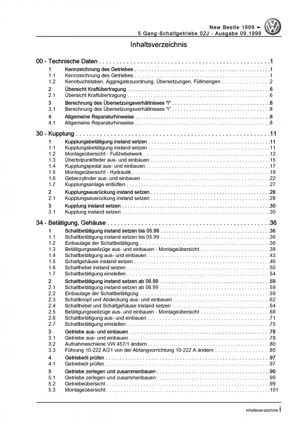 VW New Beetle (97-10) 5 Gang 02J Schaltgetriebe Kupplung Reparaturanleitung PDF