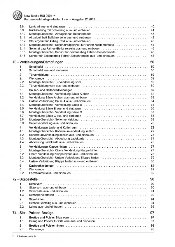 VW New Beetle RSi (01-05) Karosserie Montagearbeit Innen Reparaturanleitung PDF