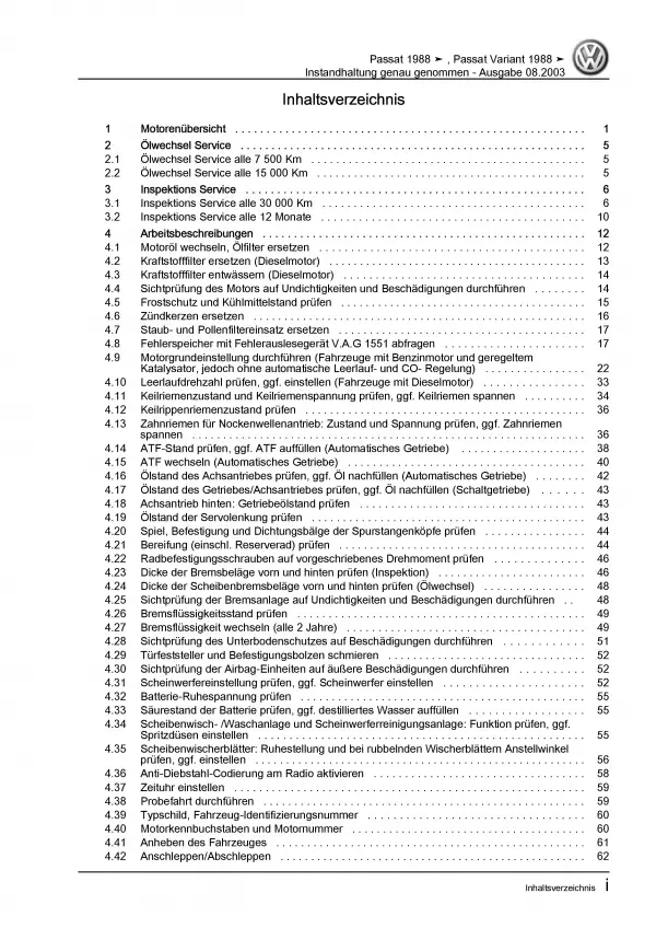VW Passat 3 35 1988-1993 Instandhaltung Inspektion Wartung Reparaturanleitung