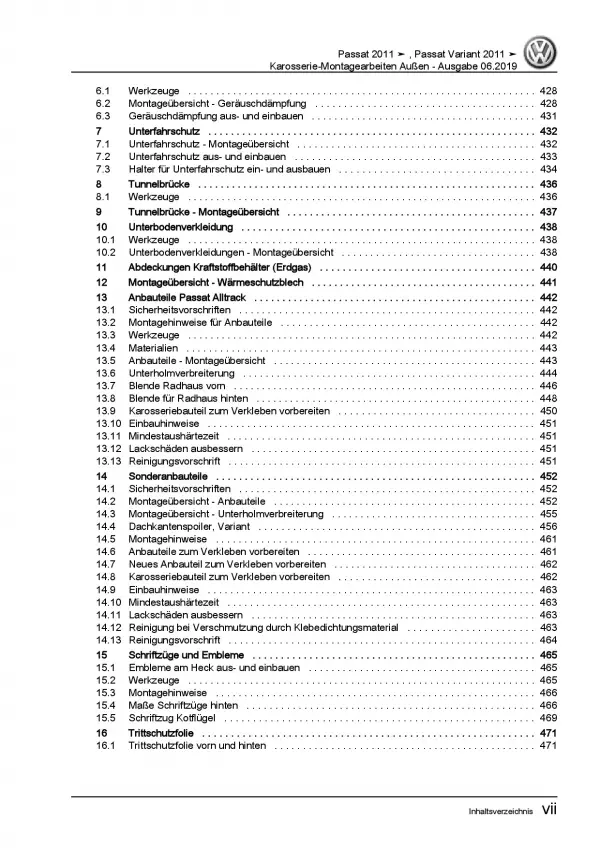 VW Passat 7 3C 2010-2014 Karosserie Montagearbeiten Außen Reparaturanleitung PDF