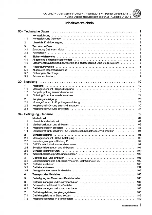 VW Passat  7 3C (10-14) 7 Gang Automatikgetriebe DKG 0AM Reparaturanleitung PDF