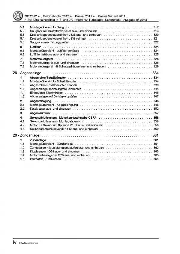 VW Passat 7 3C (10-14) 1,8l 2,0l Benzinmotor 152-210 PS Reparaturanleitung PDF