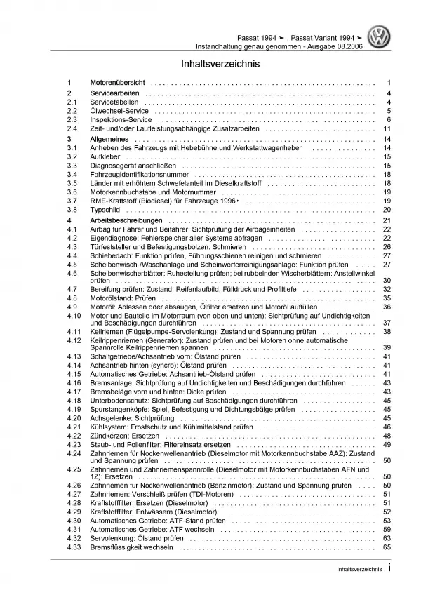 VW Passat 4 3A (93-97) Instandhaltung Inspektion Wartung Reparaturanleitung PDF