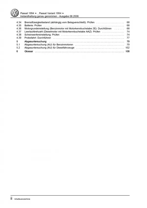 VW Passat 4 3A (93-97) Instandhaltung Inspektion Wartung Reparaturanleitung PDF