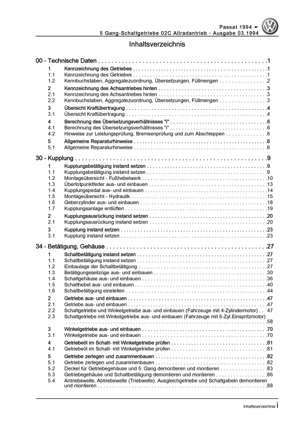 VW Passat 4 3A (93-97) 5 Gang 02C Schaltgetriebe Kupplung Reparaturanleitung PDF