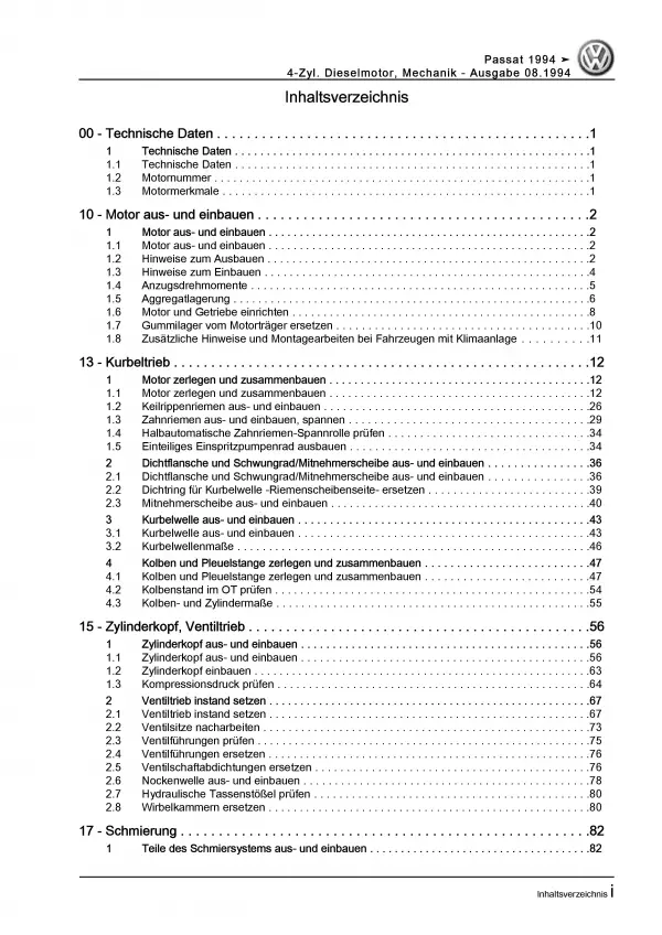 VW Passat 4 3A 1993-1997 1,9l Dieselmotor TDI 75-110 PS Reparaturanleitung PDF