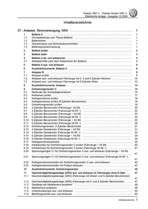 VW Passat 3B (96-05) Elektrische Anlage Elektrik Systeme Reparaturanleitung PDF