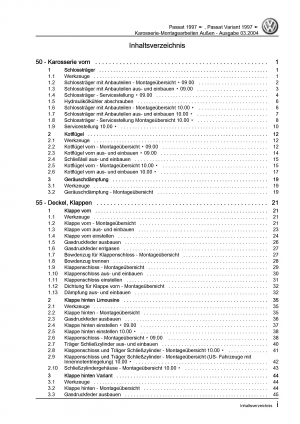 VW Passat 5 3B 1996-2005 Karosserie Montagearbeiten Außen Reparaturanleitung PDF