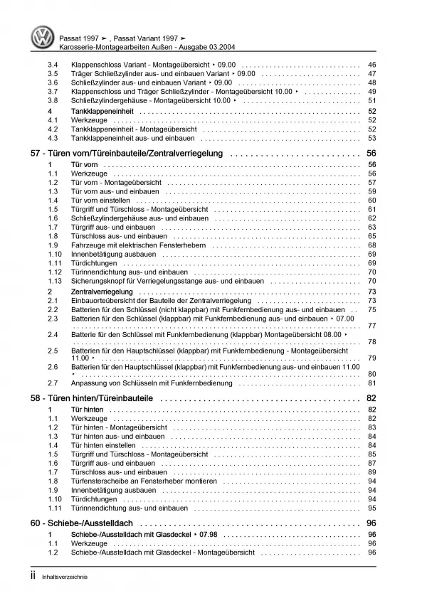 VW Passat 5 Typ 3B 1996-2005 Karosserie Montagearbeiten Außen Reparaturanleitung