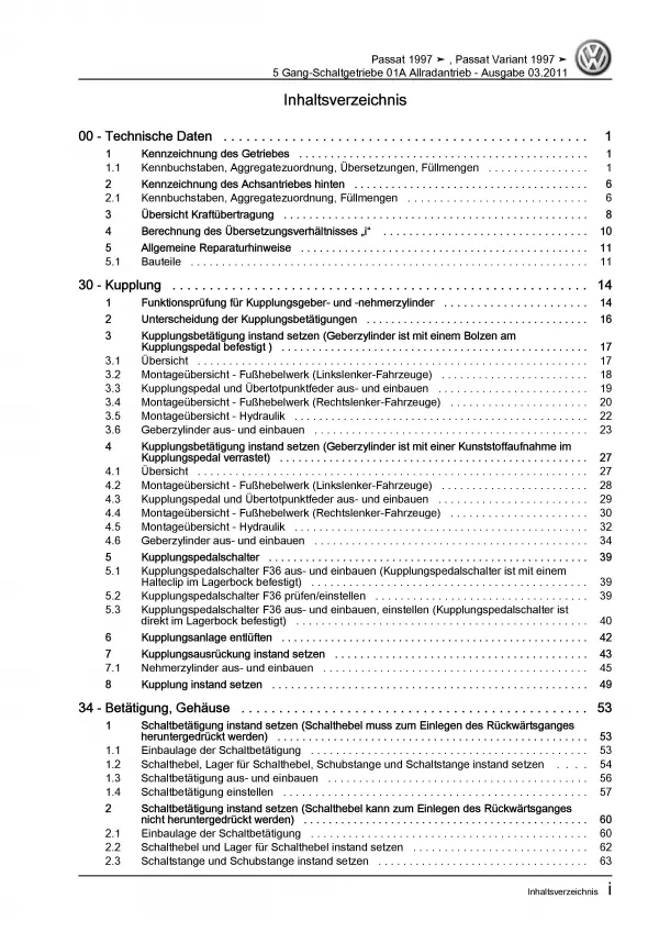 VW Passat 5 3B 1996-2005 5 Gang Schaltgetriebe 01A Allrad Reparaturanleitung PDF