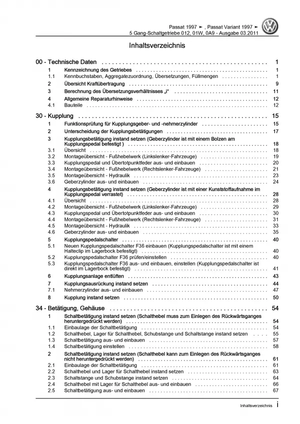 VW Passat 5 3B (96-05) 5 Gang Schaltgetriebe 012 01W 0A9 Reparaturanleitung PDF