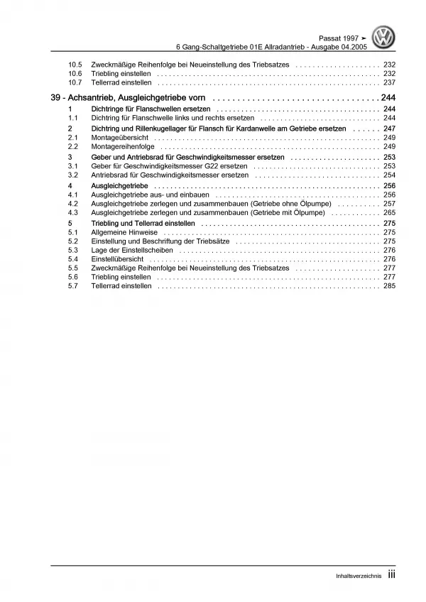 VW Passat 5 3B (96-05) 6 Gang Schaltgetriebe 01E Allrad Reparaturanleitung PDF