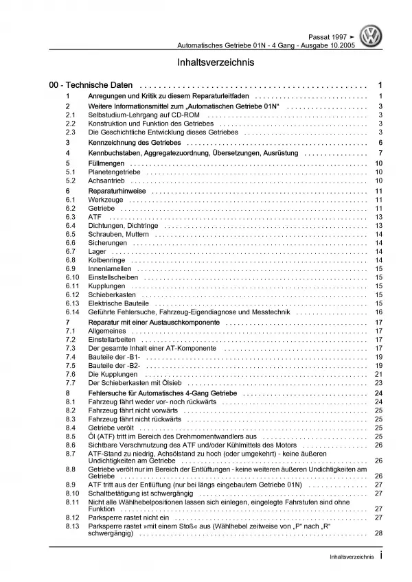 VW Passat 5 Typ 3B 1996-2005 4 Gang Automatikgetriebe 01N Reparaturanleitung PDF