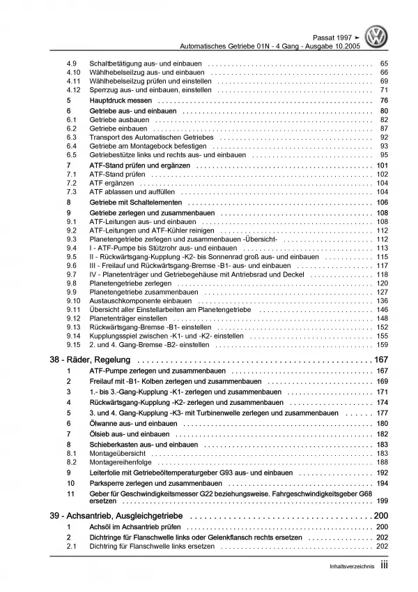 VW Passat 5 Typ 3B 1996-2005 4 Gang Automatikgetriebe 01N Reparaturanleitung PDF