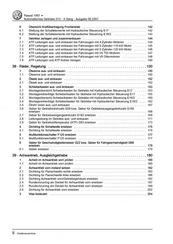 VW Passat 5 Typ 3B (96-05) 5 Gang Automatikgetriebe 01V Reparaturanleitung