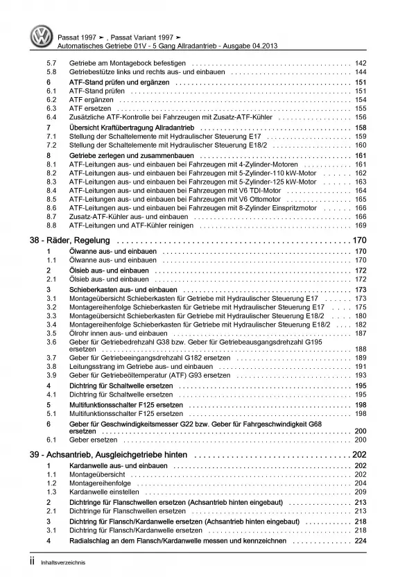 VW Passat 5 3B 1996-2005 5 Gang Automatikgetriebe 01V Allrad Reparaturanleitung