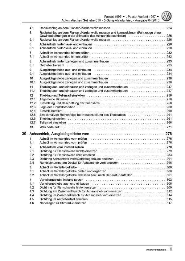 VW Passat 5 3B 1996-2005 5 Gang Automatikgetriebe 01V 4WD Reparaturanleitung PDF