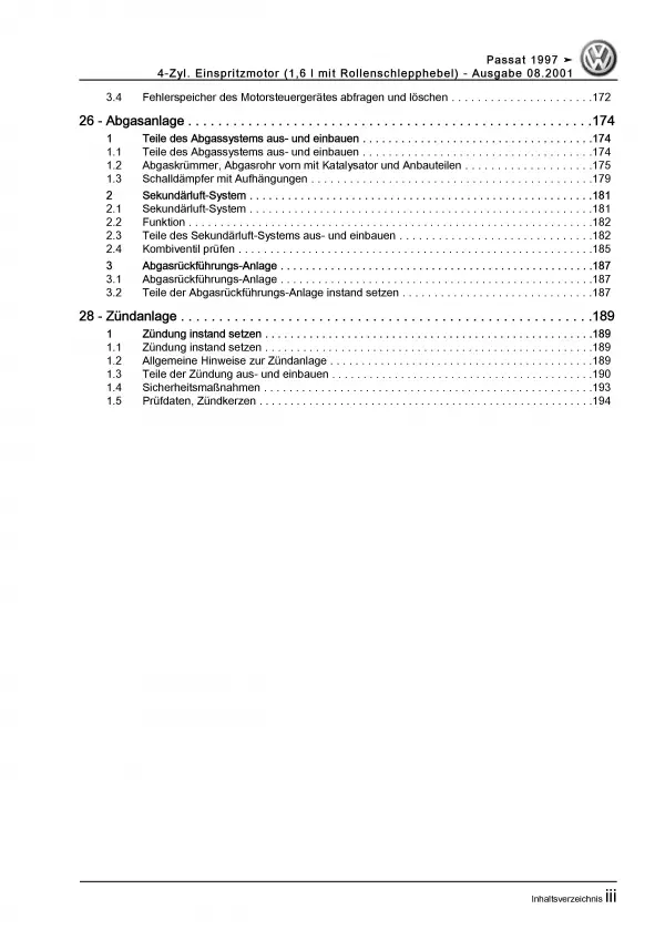 VW Passat 5 3B 1996-2005 4-Zyl. 1,6l Benzinmotor 102 PS Reparaturanleitung PDF