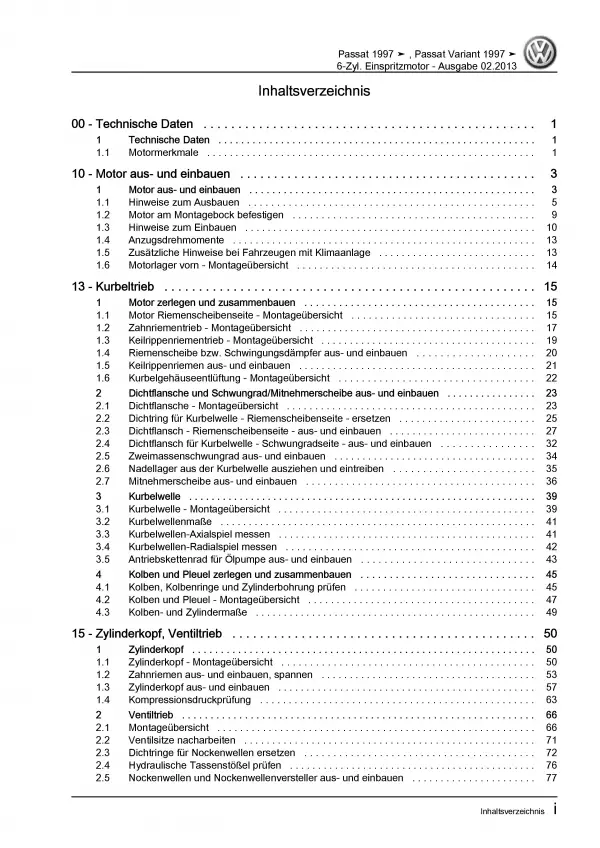 VW Passat 5 3B (96-05) 2,8l Benzinmotor VR6 180-193 PS Reparaturanleitung PDF