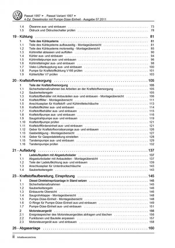 VW Passat 5 3B (96-05) 4-Zyl. 1,9l Dieselmotor TDI 100-131 PS Reparaturanleitung