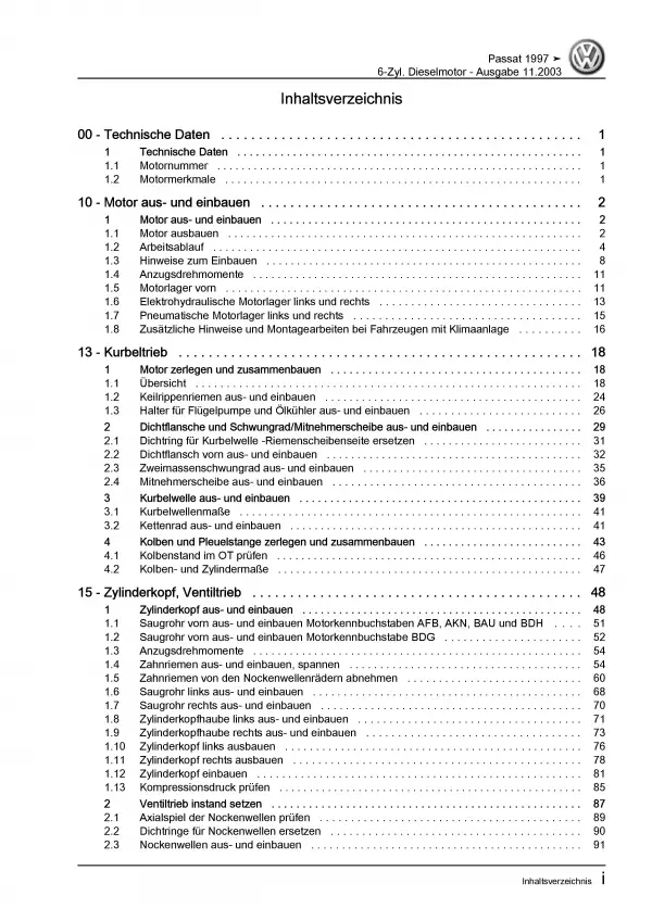 VW Passat 5 3B (96-05) 6-Zyl. 2,5l Dieselmotor 150-179 PS Reparaturanleitung PDF