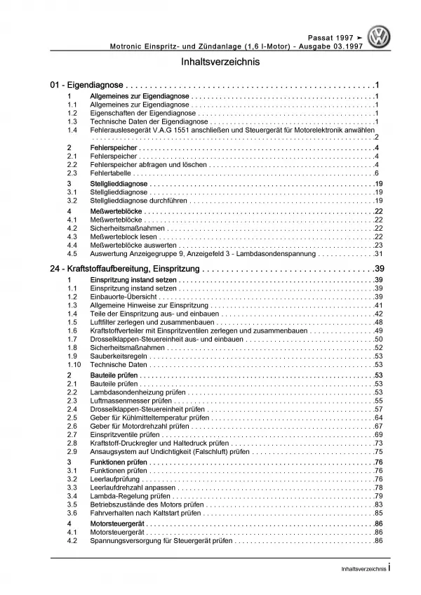 VW Passat 3B (96-05) Motronic Einspritz Zündanlage 100 PS Reparaturanleitung PDF