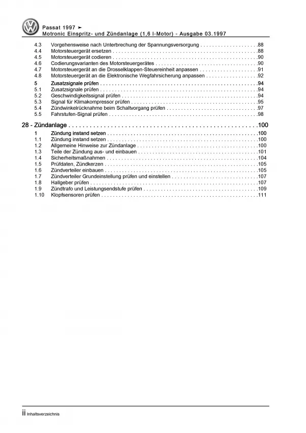 VW Passat 3B (96-05) Motronic Einspritz Zündanlage 100 PS Reparaturanleitung PDF