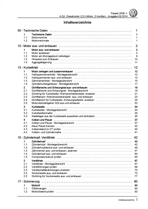 VW Passat 6 3C (04-10) 4-Zyl. 2,0l Dieselmotor TDI 140 PS Reparaturanleitung PDF