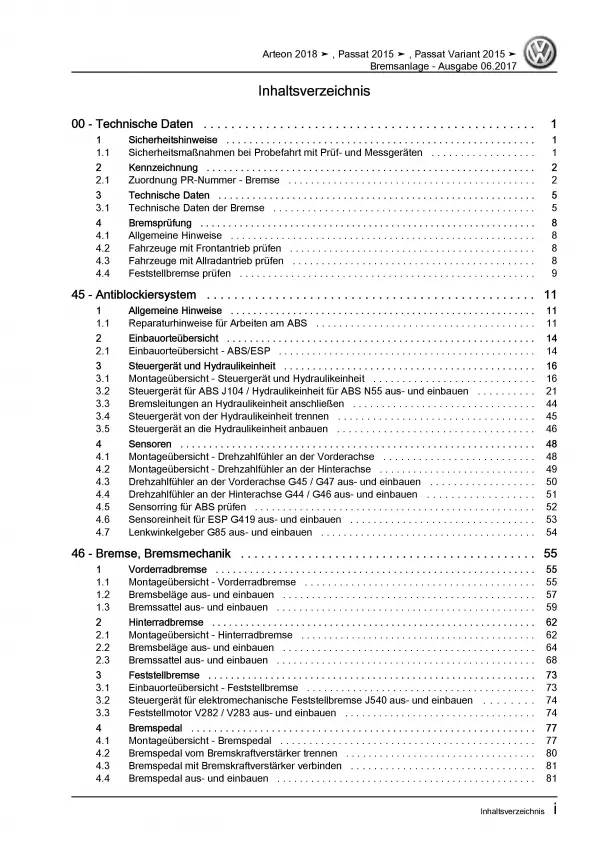 VW Passat 8 3G 2014-2019 Bremsanlagen Bremsen System Reparaturanleitung PDF