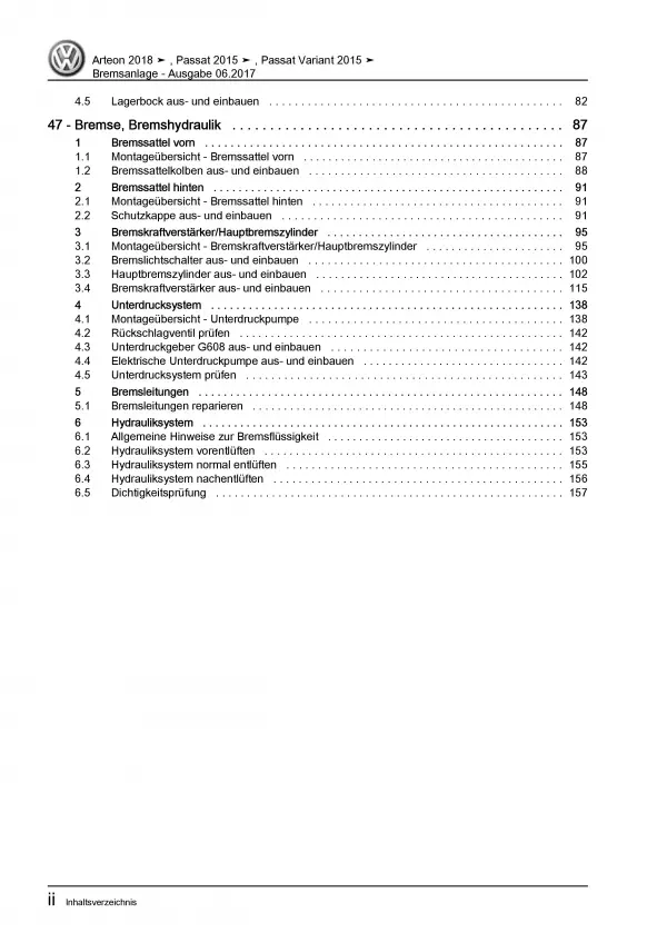 VW Passat 8 Typ 3G 2014-2019 Bremsanlagen Bremsen System Reparaturanleitung