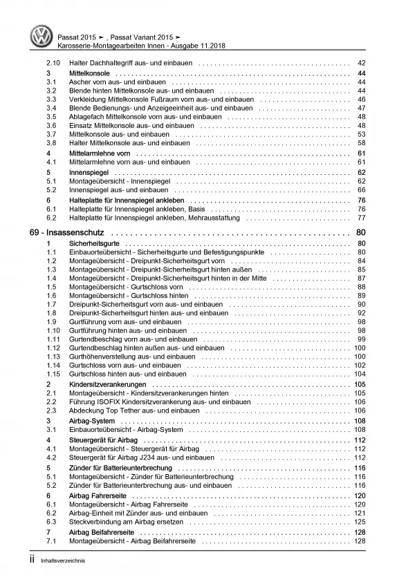 VW Passat 8 Typ 3G 2014-2019 Karosserie Montagearbeiten Innen Reparaturanleitung