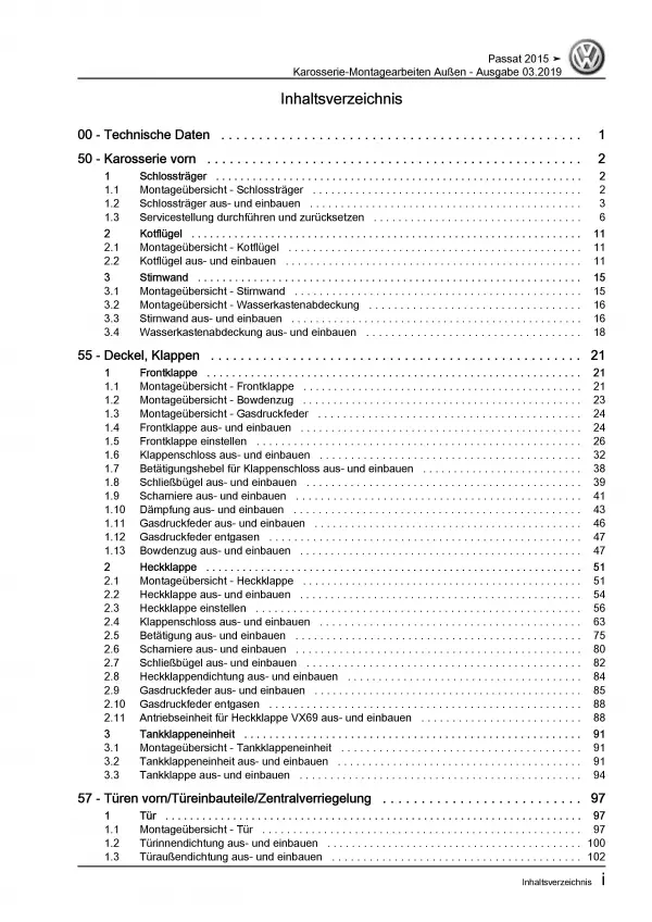 VW Passat 8 3G 2014-2019 Karosserie Montagearbeiten Außen Reparaturanleitung PDF