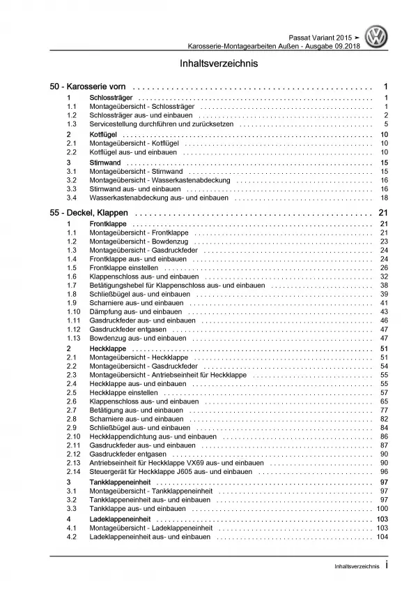 VW Passat Variant 3G 2014-2019 Karosserie Montage Außen Reparaturanleitung PDF