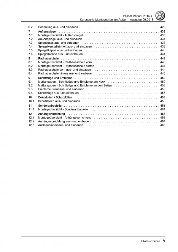 VW Passat Variant 3G 2014-2019 Karosserie Montage Außen Reparaturanleitung PDF