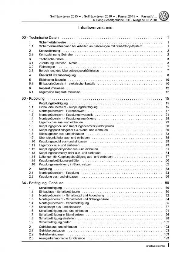 VW Passat 8 3G (14-19) 6 Gang Schaltgetriebe 02S Kupplung Reparaturanleitung PDF