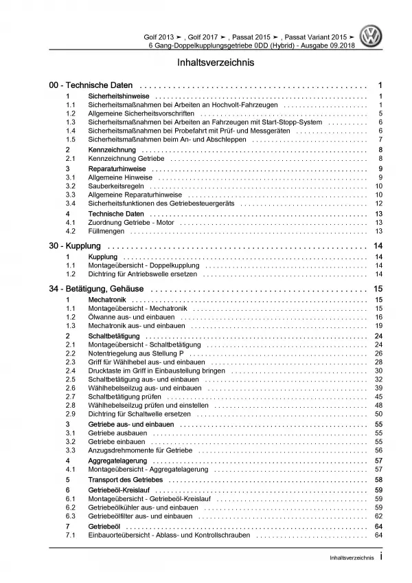 VW Passat 8 3G (14-19) 6 Gang Automatikgetriebe DKG 0DD Reparaturanleitung PDF