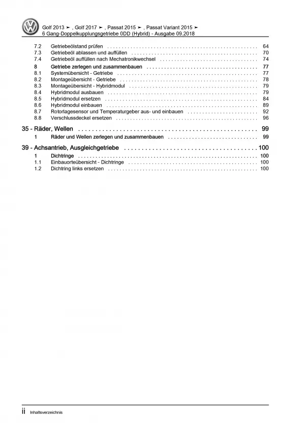 VW Passat 8 3G (14-19) 6 Gang Automatikgetriebe DKG 0DD Reparaturanleitung PDF