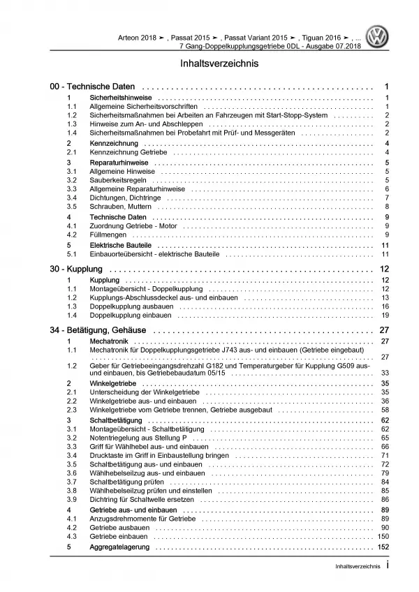 VW Passat 8 3G 2014-2019 7 Gang Automatikgetriebe DKG 0DL Reparaturanleitung PDF