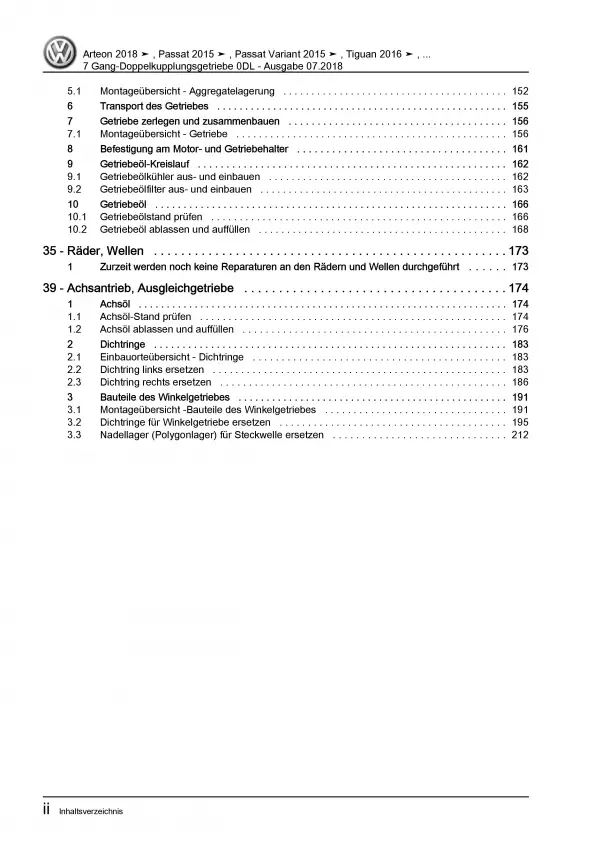 VW Passat 8 3G 2014-2019 7 Gang Automatikgetriebe DKG 0DL Reparaturanleitung PDF