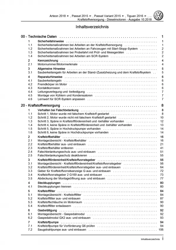 VW Passat 8 Typ 3G 2014-2019 Kraftstoffversorgung Diesel Reparaturanleitung PDF