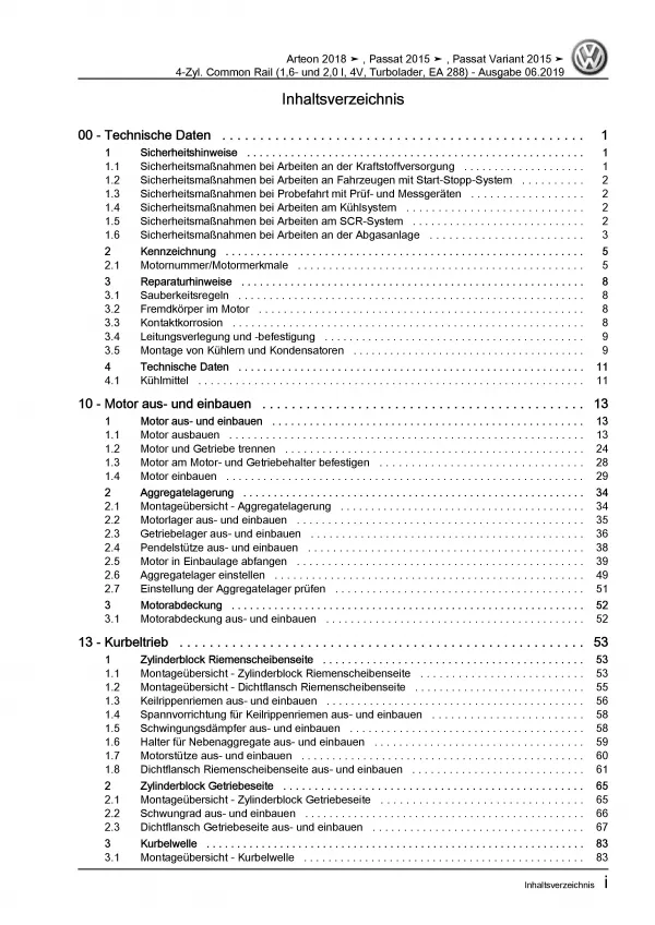 VW Passat 3G (14-19) 1,6l 2,0l Dieselmotor TDI 110-190 PS Reparaturanleitung PDF