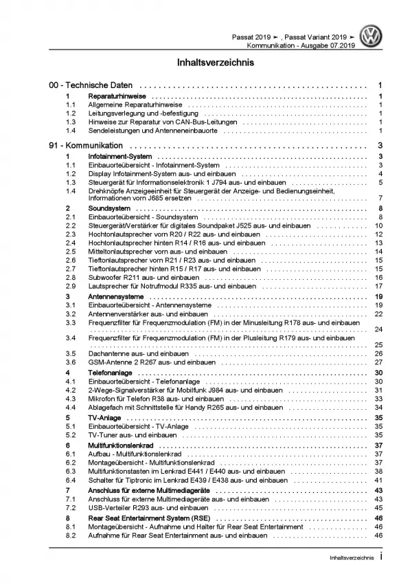 VW Passat 8 Typ 3G ab 2019 Radio Navigation Kommunikation Reparaturanleitung PDF
