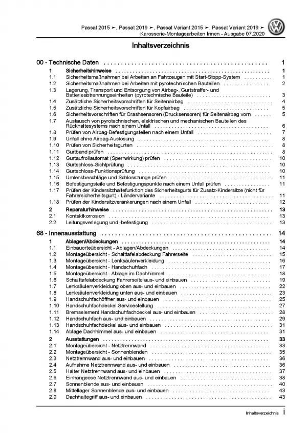 VW Passat 8 3G ab 2019 Karosserie Montagearbeiten Innen Reparaturanleitung PDF