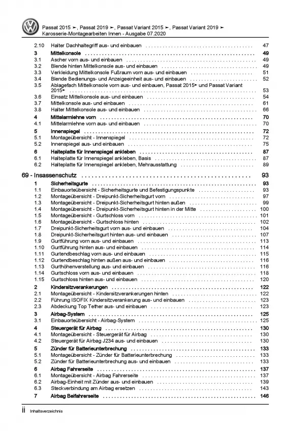 VW Passat 8 3G ab 2019 Karosserie Montagearbeiten Innen Reparaturanleitung PDF