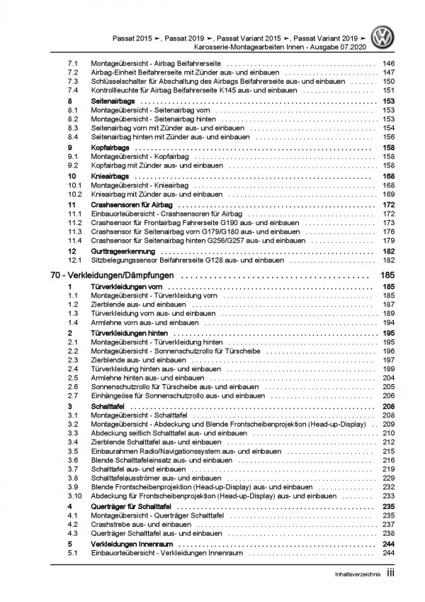 VW Passat 8 3G ab 2019 Karosserie Montagearbeiten Innen Reparaturanleitung PDF