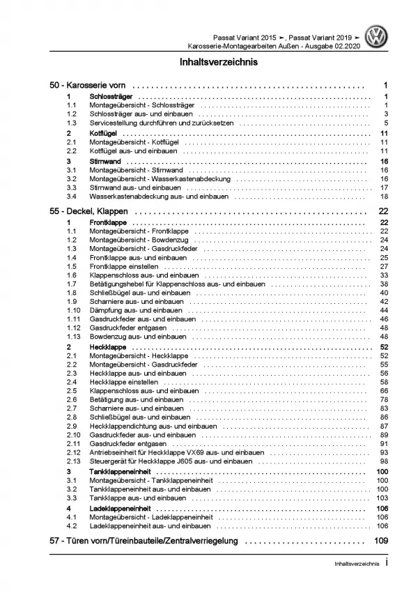 VW Passat 8 Variant ab 2019 Karosserie Montage Außen Reparaturanleitung PDF