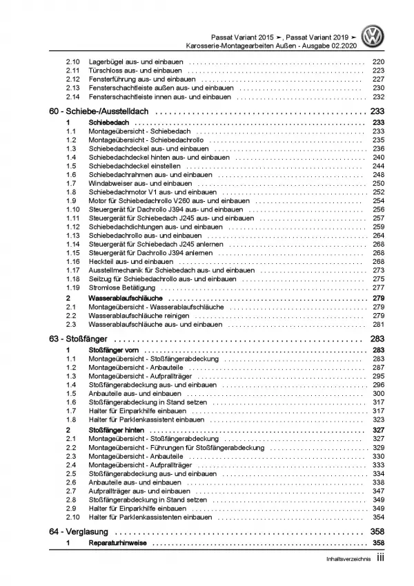 VW Passat 8 Variant ab 2019 Karosserie Montage Außen Reparaturanleitung PDF